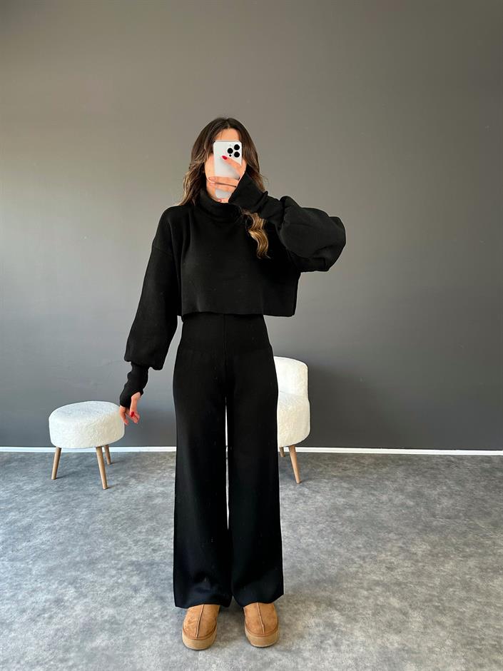 Li Siyah Crop Pantolon Triko Takım