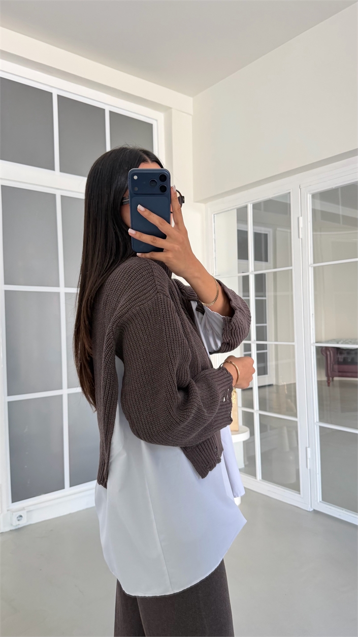 Kahve Gömlek Detaylı Örme Hırka Beli Lastikli Cepli Pantolon İkili Triko Takım GAUS-02132