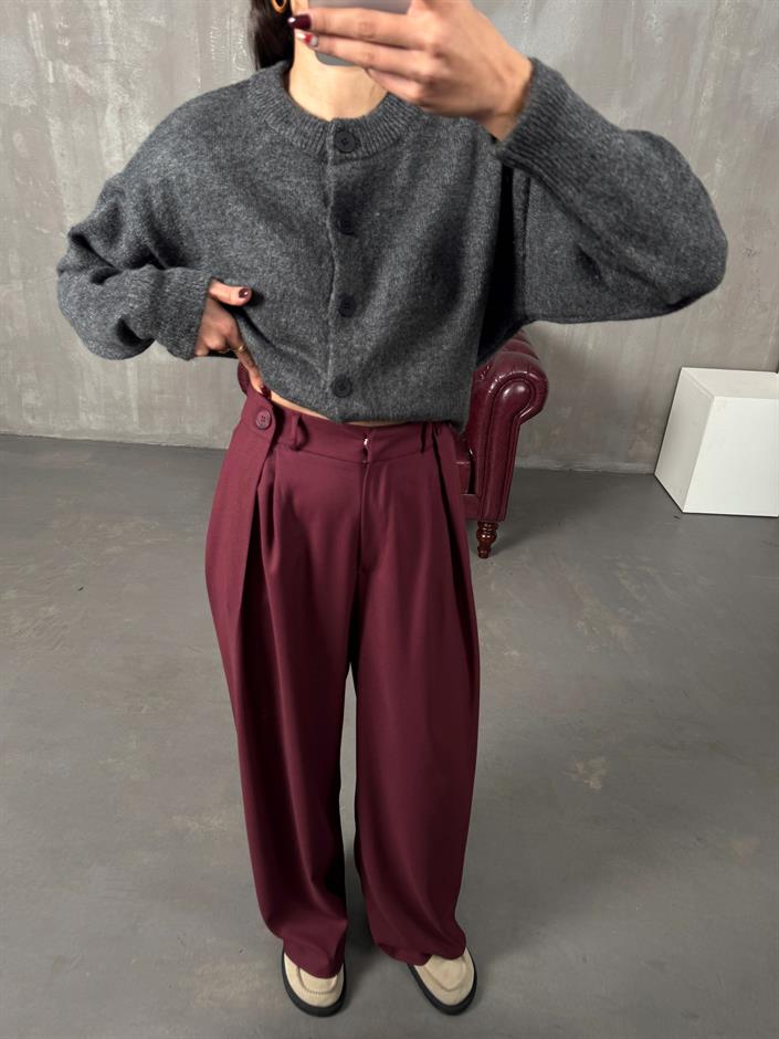 Frank Bordo Önden Düğmeli Pileli Bol Poliviskon Pantolon