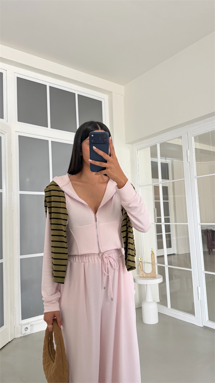 Pembe Kapüşonlu Hırka Beli Lastikli Geniş Paça Pantolon İkili OYS Modal Kumaş Takım GAUS-02152