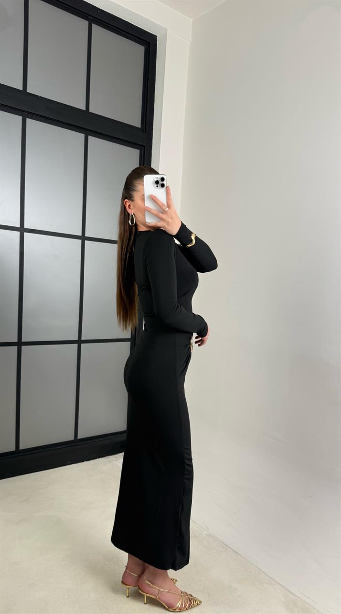 Siyah Gold Toka Detaylı Yırtmaçlı Elbise GAUS-00786