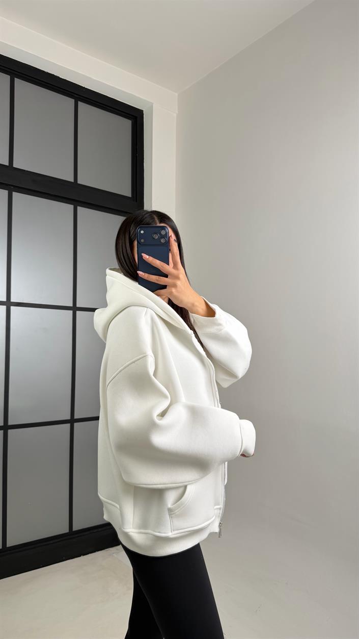 Beyaz Kapüşonlu Şardonlu Hırka GAUS-00828