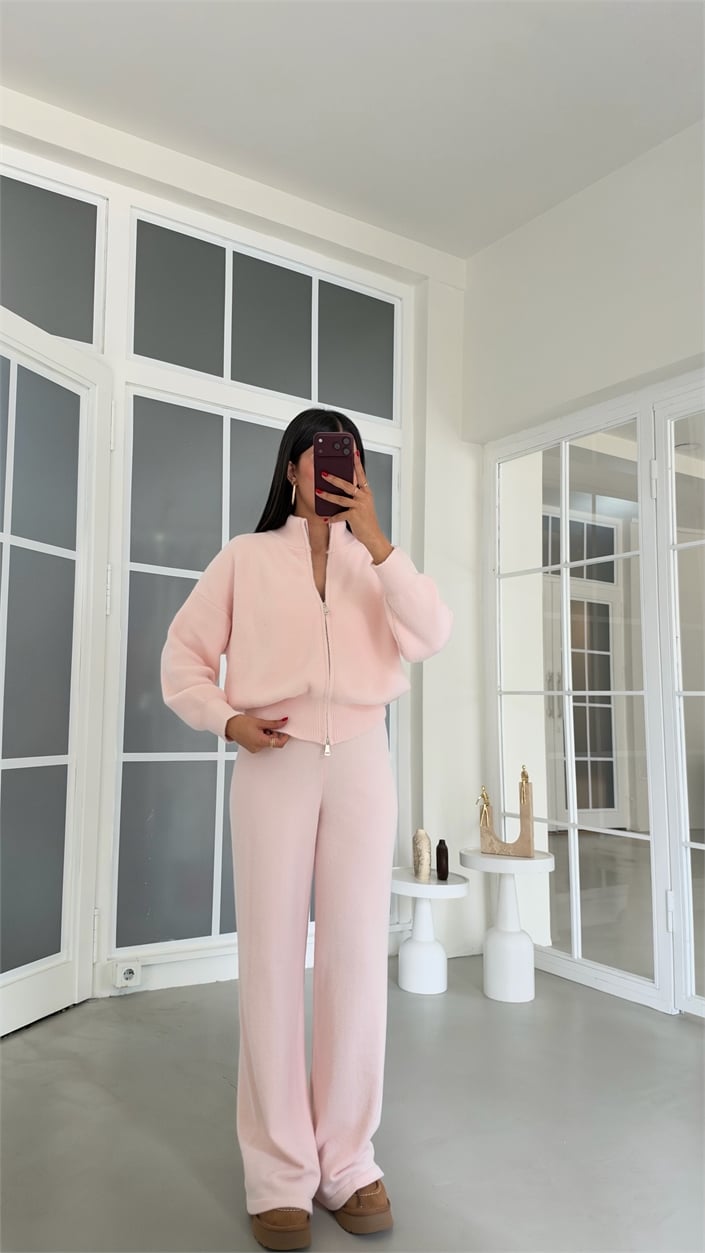Pembe Çift Fermuarlı Hırka Beli Lastikli Pantolon İkili Yumuşak Kumaş Premium Takım GAUS-02303