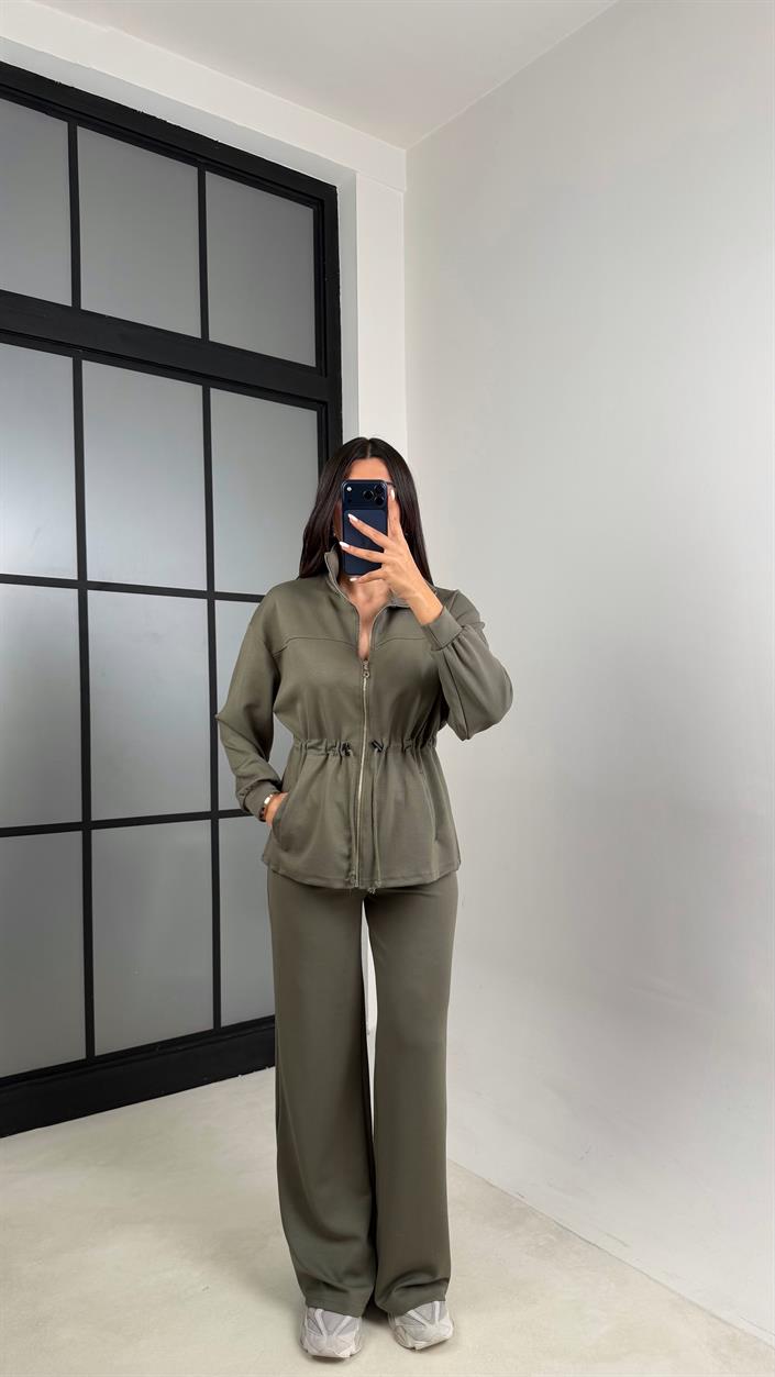 Haki Beli Büzgülü Hırka Pantolon İkili Modal Takım GAUS-00571