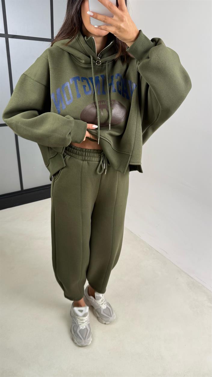 Haki Kapüşonlu Sweatshirt Beli Lastikli Pantolon 3 İplik Şardonlu Takım GAUS-00530