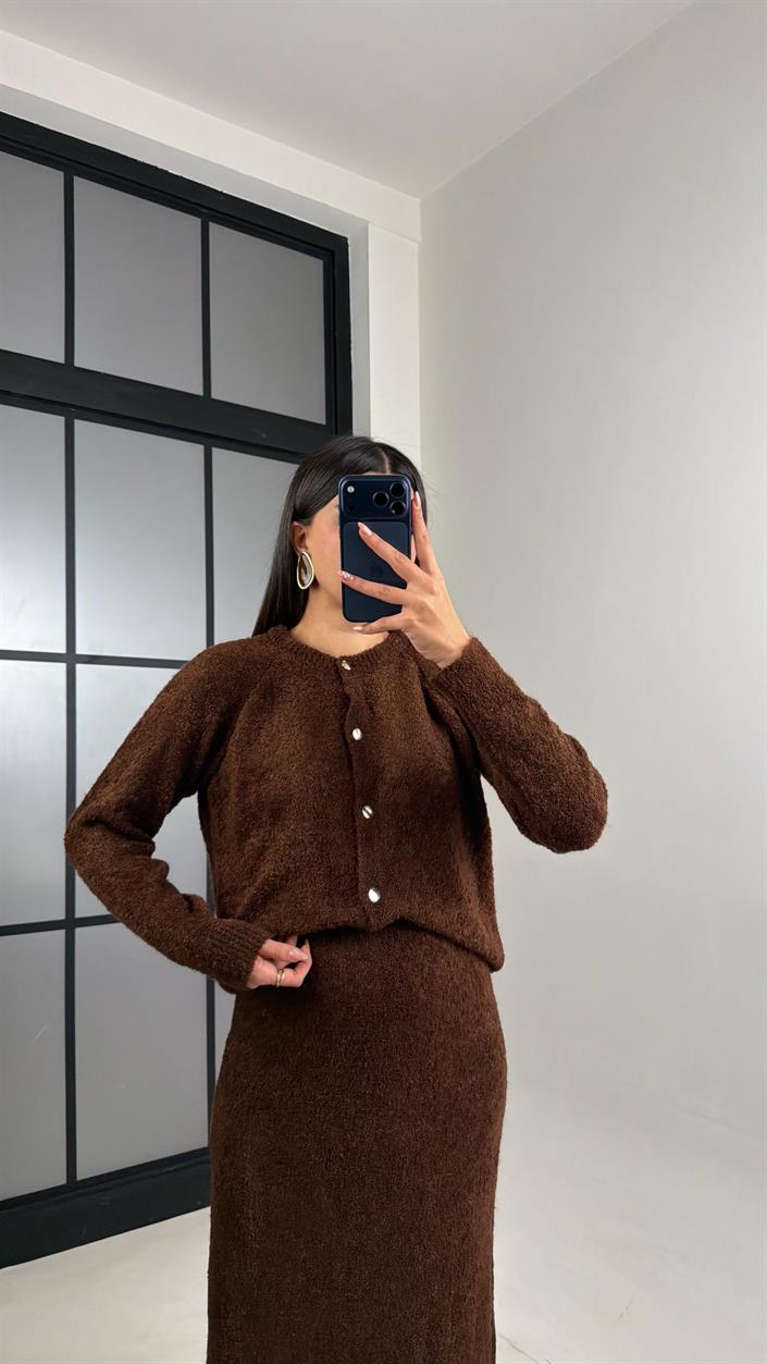 Kahve Hırka Beli Lastikli Etek Triko takım GAUS-00853