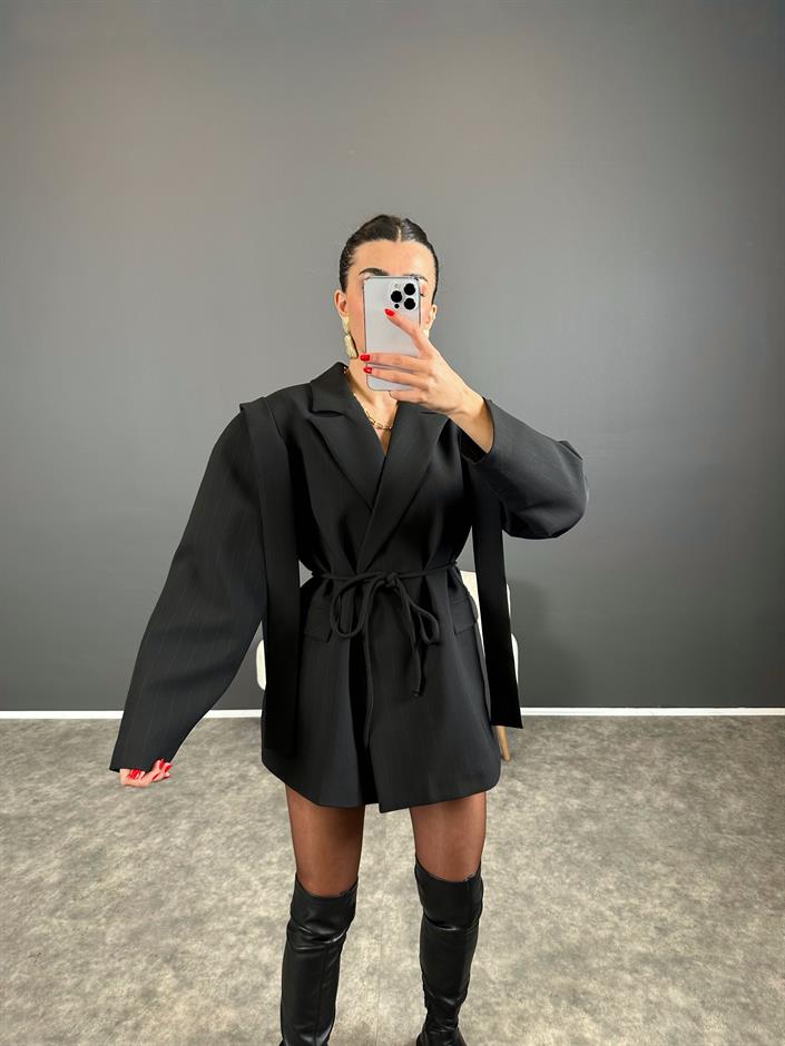 Anis Premium Siyah Çizgili Bağlamalı Astarlı Blazer Ceket 