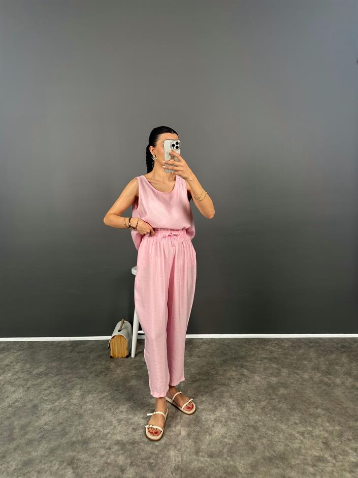 Viro Şeker Pembe İthal Kumaş Harem Pantolon Bluz İkili Takım