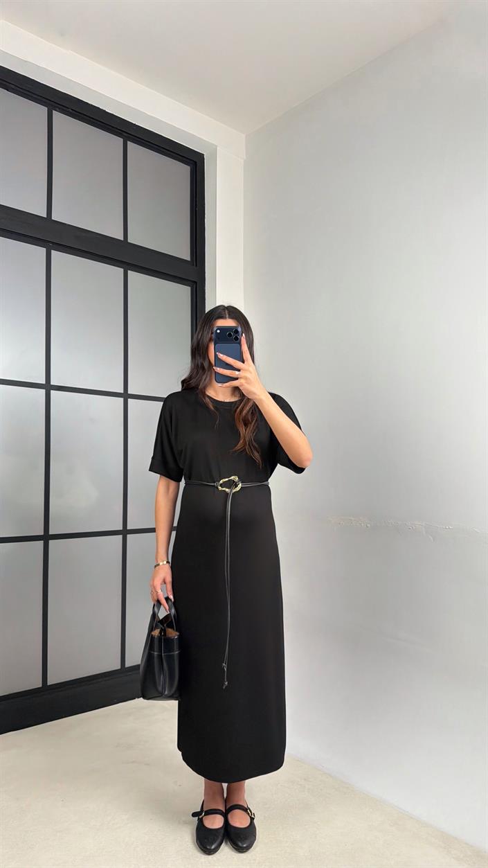 Siyah Kemerli Modal Kumaş Basic Elbise GAUS-01161