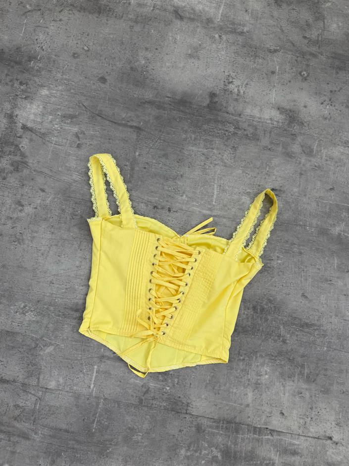 Sarı  Askılı Arkası Lastikli Dantelli Bustiyer Crop Gaus00286