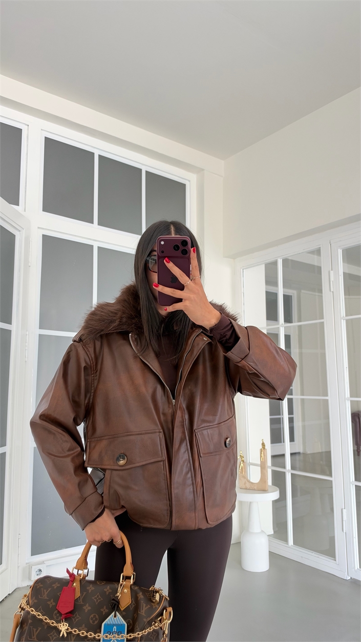 Kahve Astarlı Kürk Yakalı Deri Ceket GAUS-02137