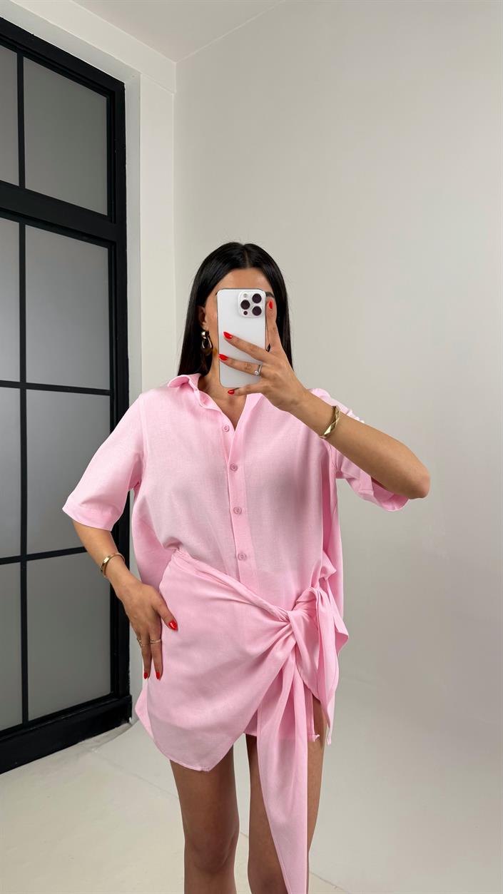 Pembe Önü Düğmeli Gömlek Beli Bağlama Detaylı Etek Keten Takım Gaus00459