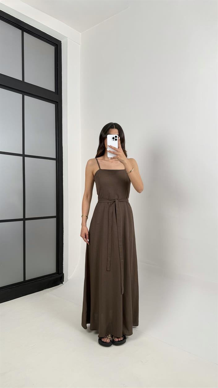 Kahve Ayarlanabilir Askılı Kuşaklı Basic Keten Elbise Gaus00387