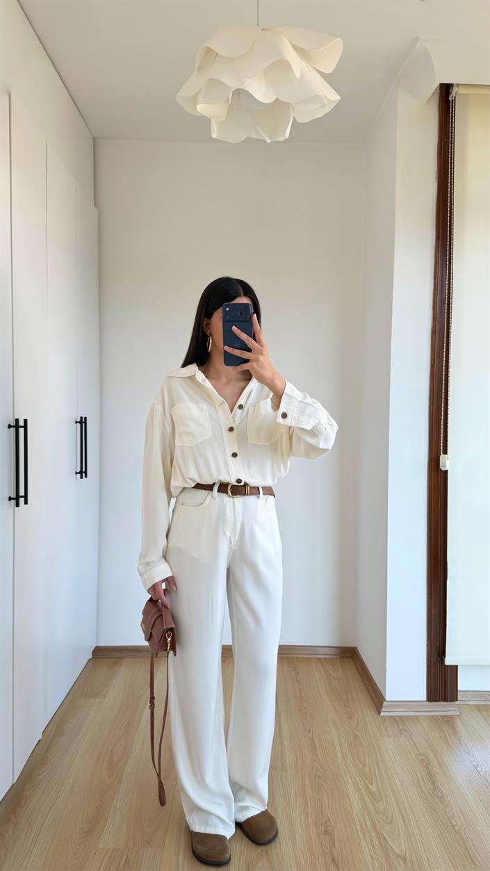 Bej Beli Lastikli Tencel Denim Tulum GAUS-01394