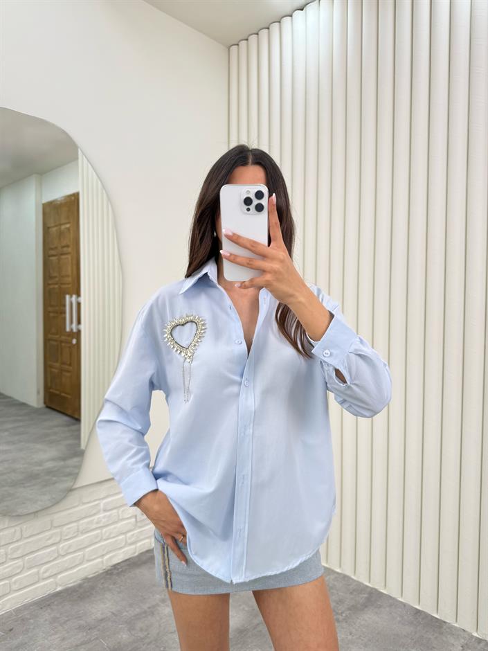 Mavi Taşlı Kalp Yaka Detaylı Gömlek Gaus00299