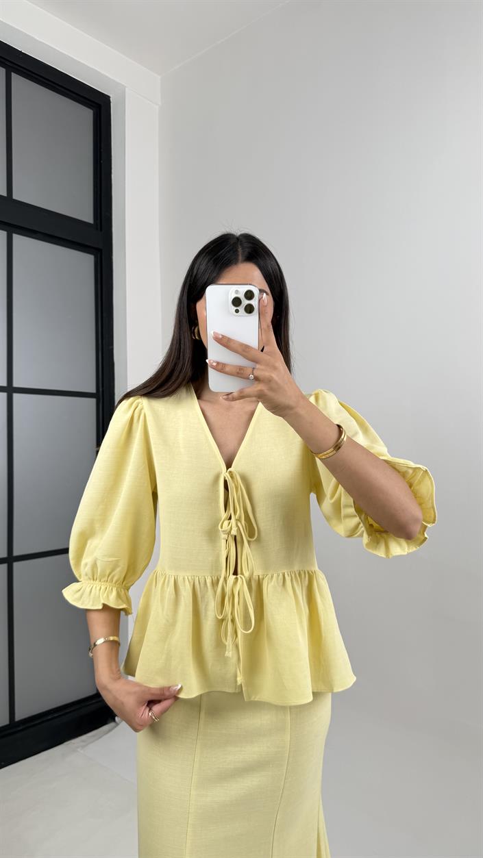 Sarı Önden Bağlama Detaylı Balon Kol Bluz Etek İkili Pinterest Keten Takım Gaus00570 