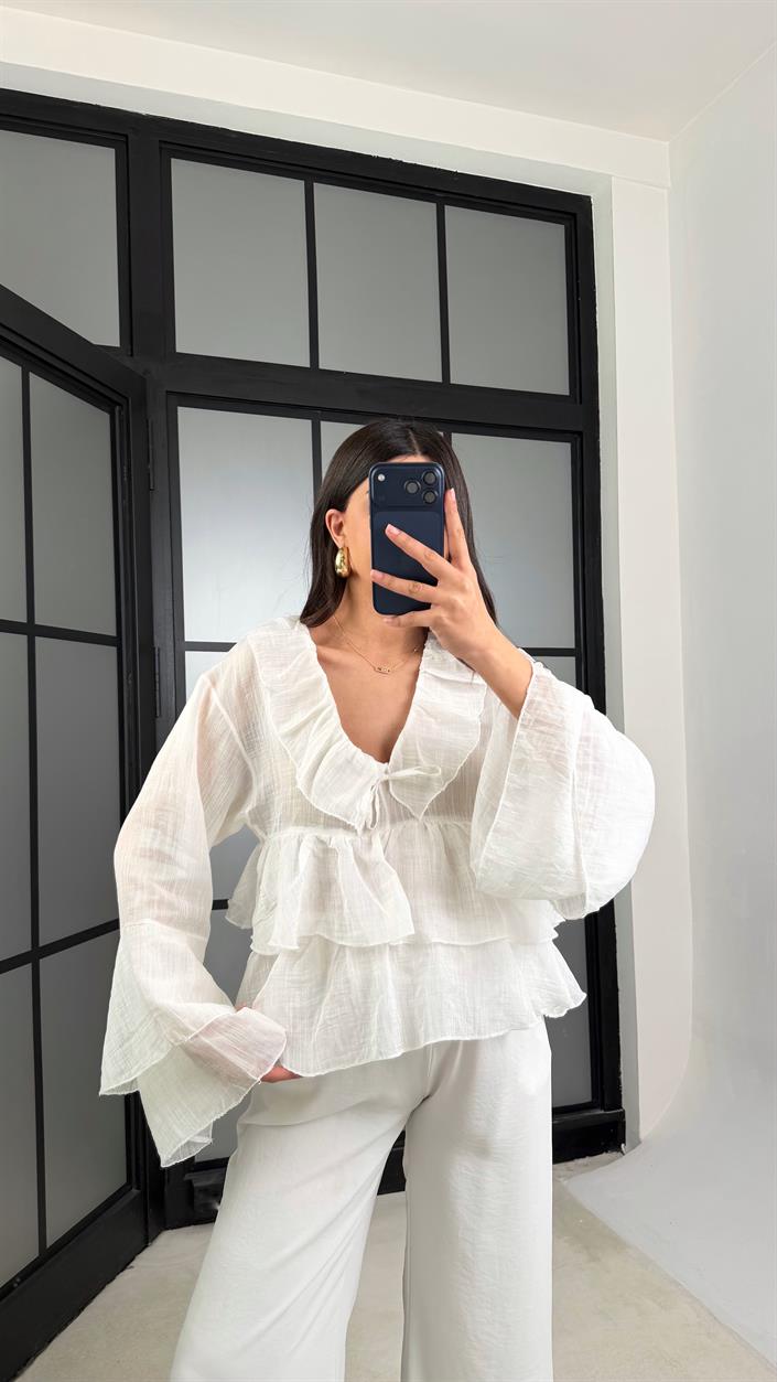 Ekru Fırfır Detaylı Transparan Bluz GAUS-01233