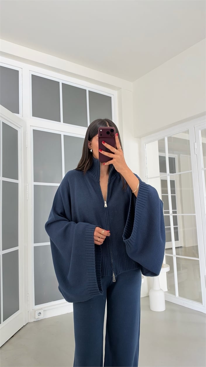 Lacivert Yarasa Kol Hırka Beli Lastikli Pantolon İkili Triko Takım GAUS-02238