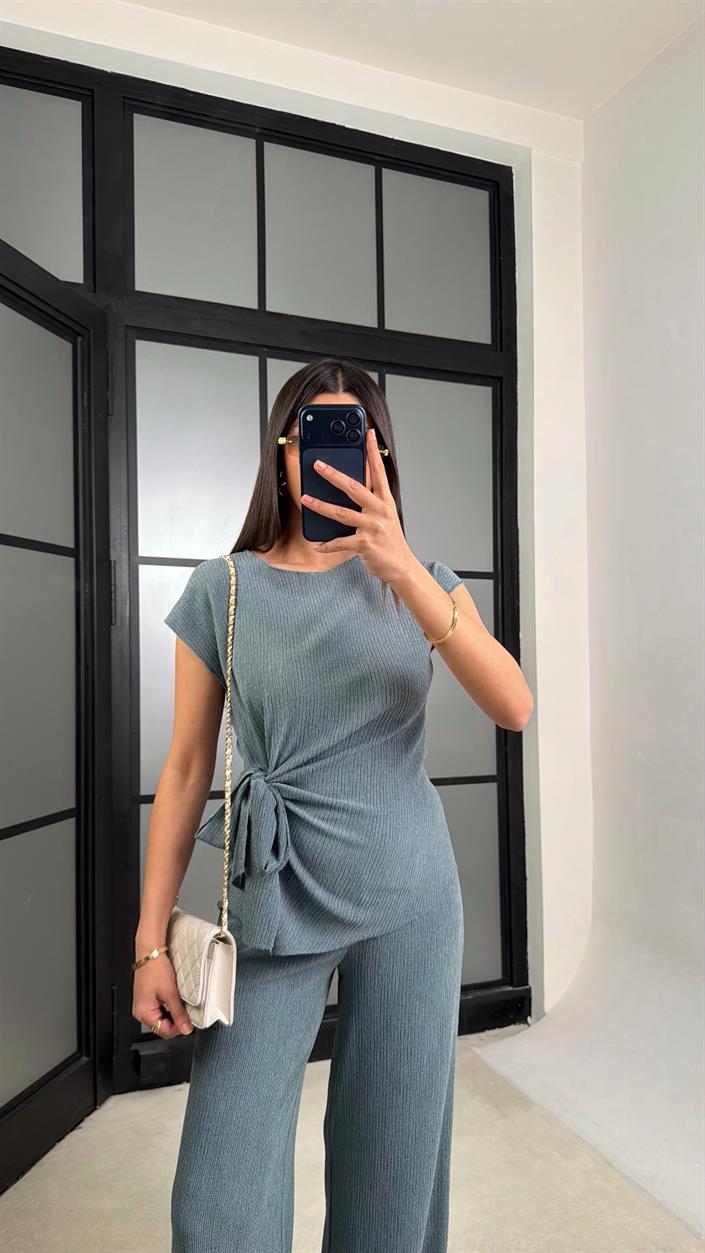 Mavi Bağlama Detaylı Bluz Beli Lastikli Pantolon Krinkıl Kumaş Takım GAUS-01308