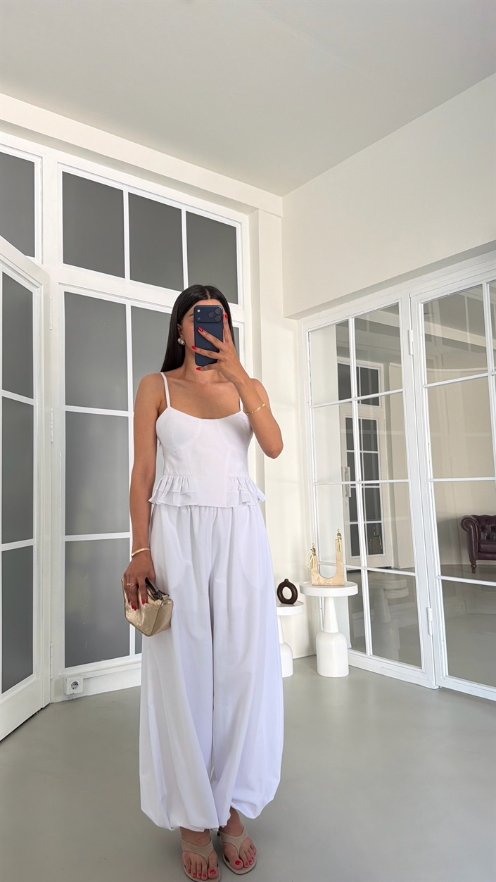 Beyaz Ayarlanabilir Askılı Korse Beli Lastikli Şalvar Pantolon Takım GAUS-01839