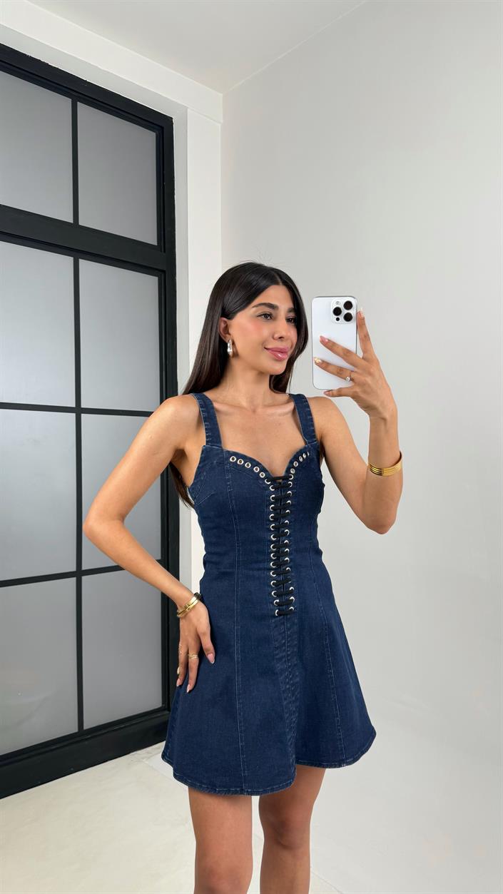 Lacivert Kuş Gözlü İp Detaylı Premium Denim Elbise Gaus00660