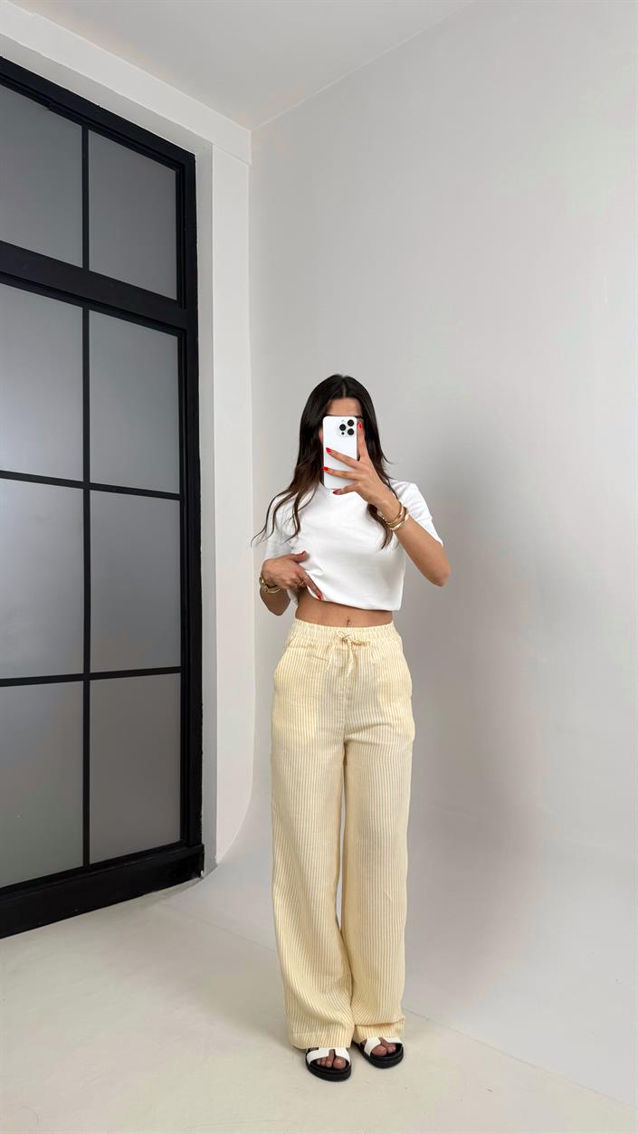 Sarı Beyaz Şeritli Beli Lastikli Keten Pantolon Gaus00479