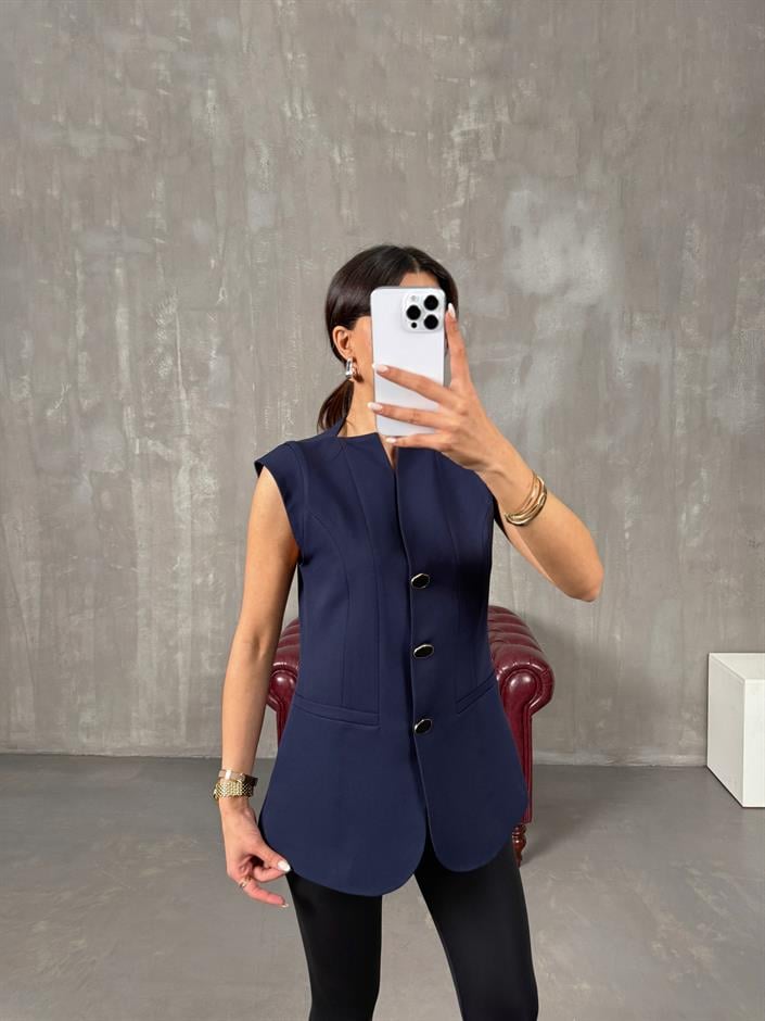 Bonar Lacivert Düğmeli Astarlı Yelek