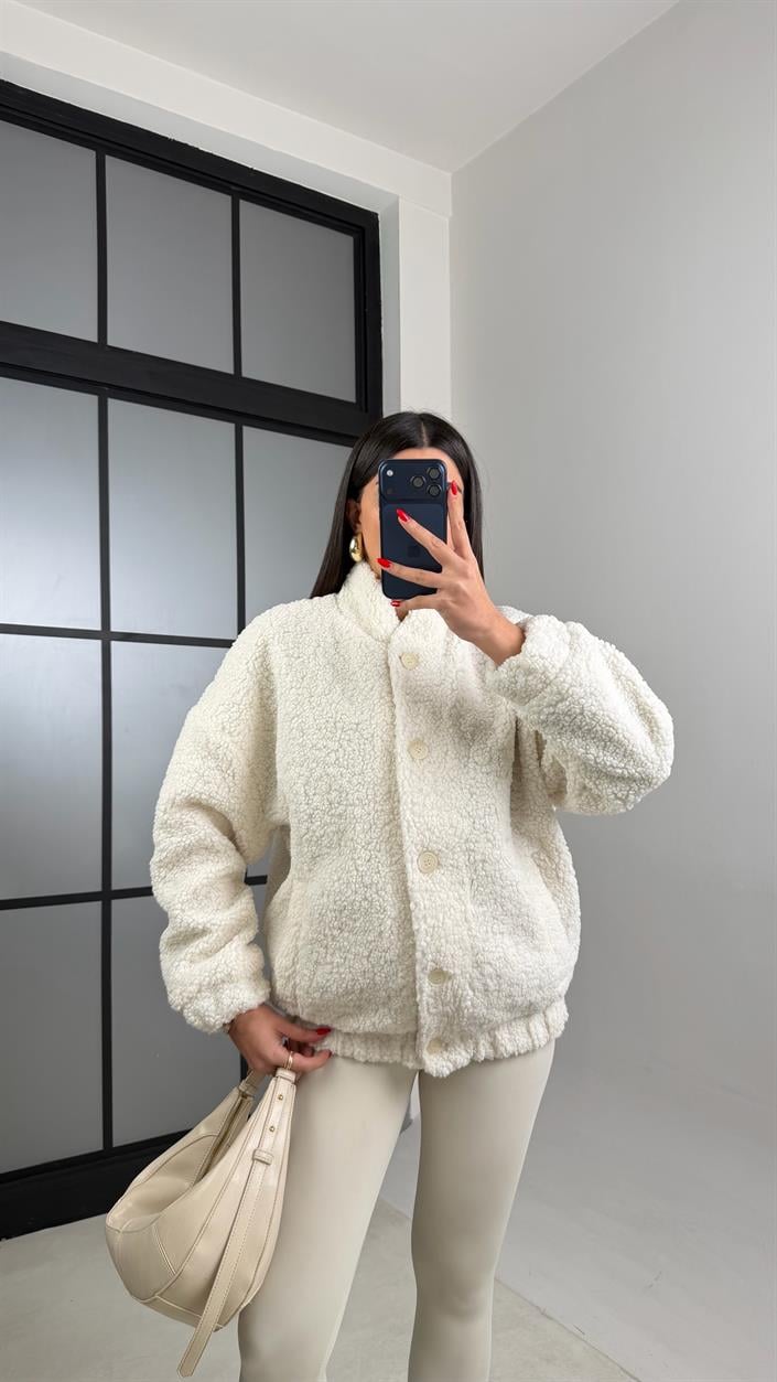 Ekru Astarlı Düğmeli Peluş Ceket GAUS-01009