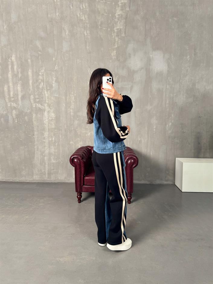 Gong Siyah Denim Karışımlı Şeritli Takım