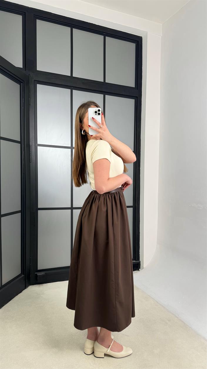 Kahve Kısa Kol Beli Lastikli Kemerli Elbise GAUS-01246