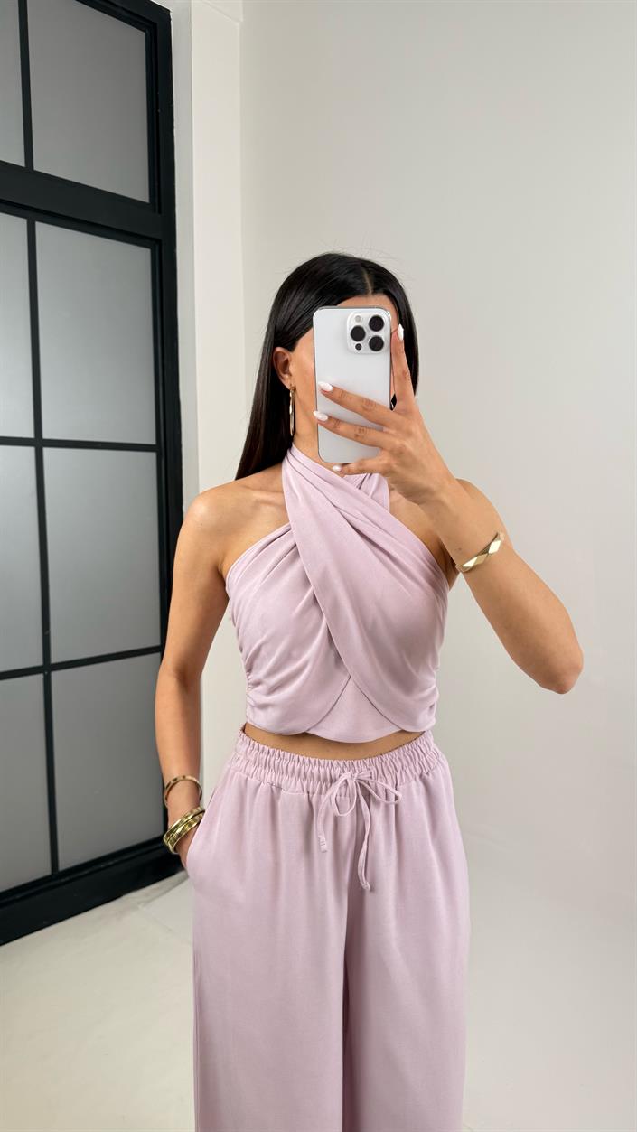 Lila Boyundan Bağlamalı Crop Beli Lastikli Cepli Pantolon Keten Takım Gaus00418