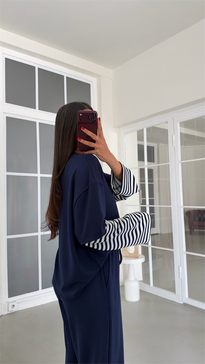 Lacivert Kolu Şeritli Tshirt Beli Lastikli Pantolon İkili Modal Takım GAUS-02227