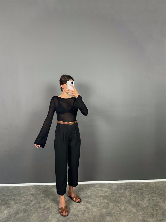 Vion Siyah Krep Kumaş Kemerli Havuç ZR Model Pantolon