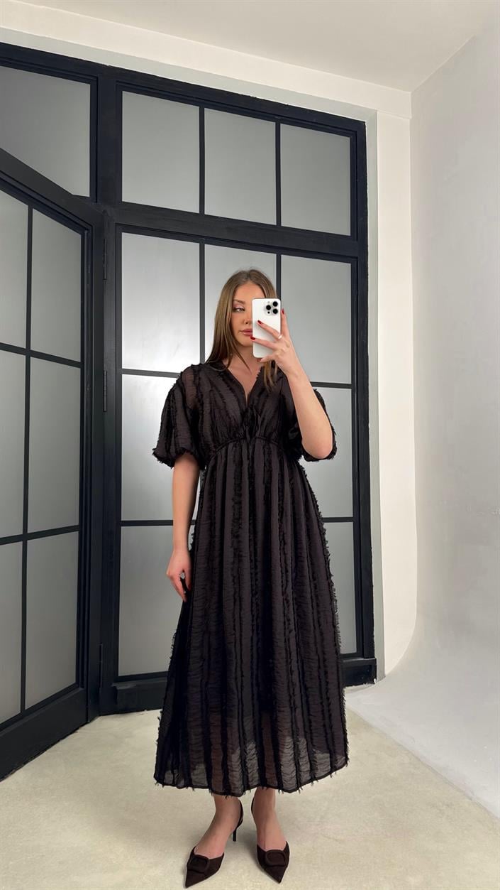 Acı Kahve Püsküllü V Yaka Balon Kol Elbise GAUS-01232