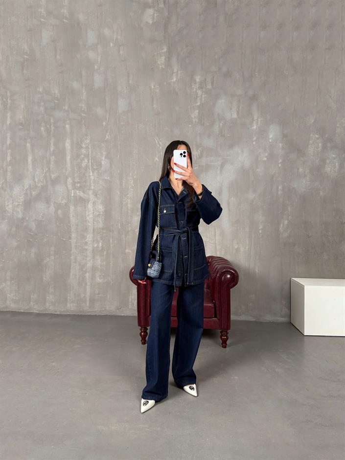 Lovato Lacivert Düğmeli Cep Detaylı Kuşaklı Denim Takım 