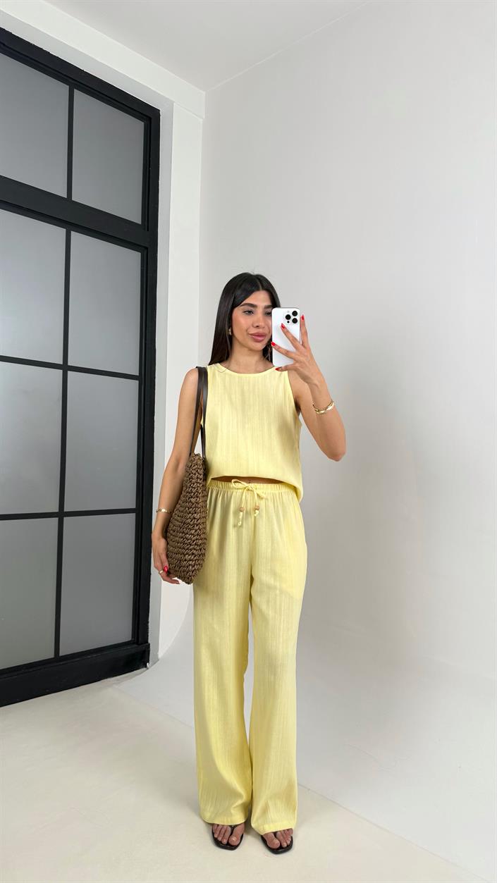 Sarı Sıfır Kol Bluz Beli Lastikli Pantolon Md Muadil Keten Takım Gaus00495 