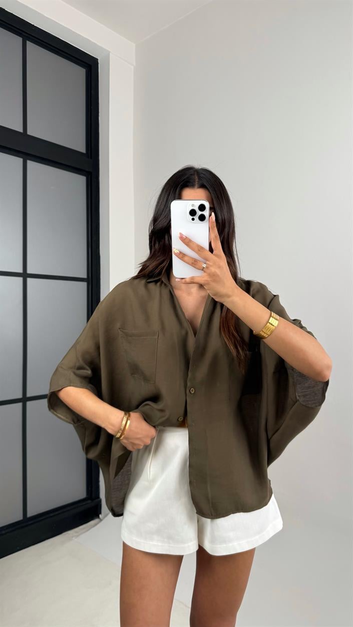 Haki Cep Detaylı Basic Tencel Gömlek Gaus00679