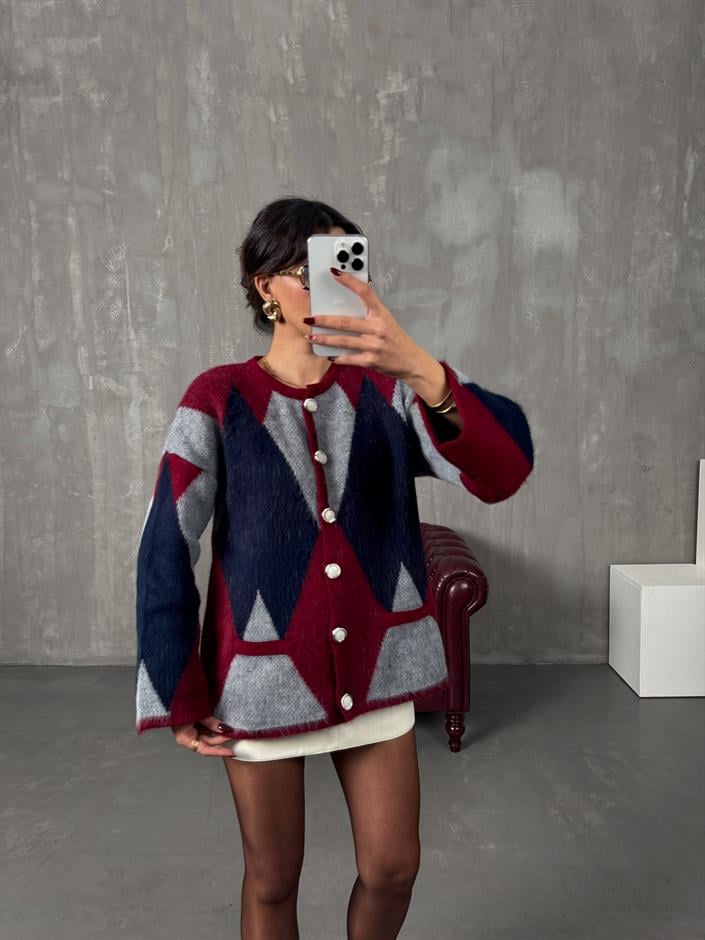 Lida Bordo Baklava Desenli Sakallı Düğmeli Hırka