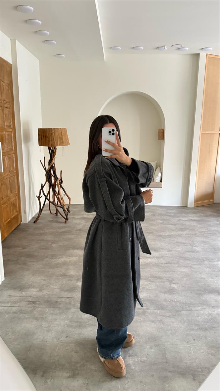 Antrasit Astarlı Kuşaklı Premium Kaşe Kaban GAUS-00505