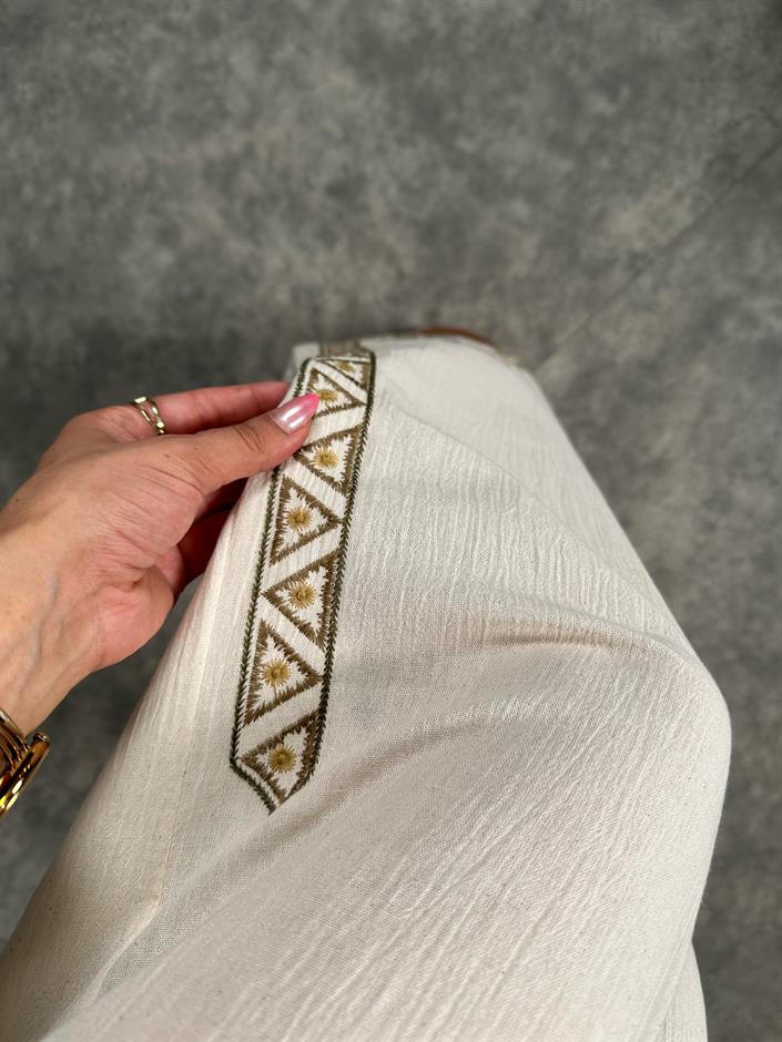 Cans Ekru Nakış İşlemeli Keten Karışımlı Bol Paça Pantolon