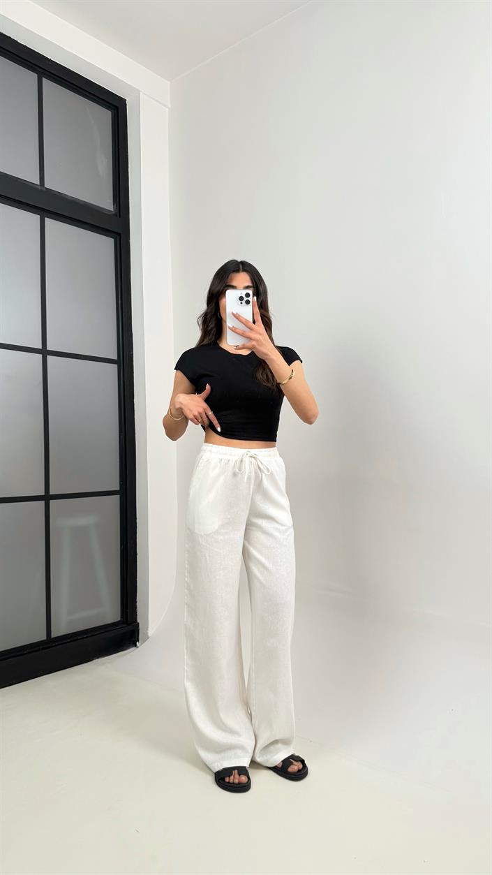 Beyaz Beli Lastikli Muadil Keten Pantolon Gaus00346
