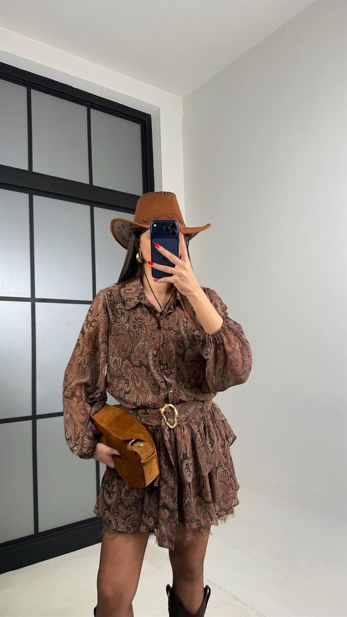 Kahve Desenli Kuşaklı Astarlı Tasarım Şifon Elbise GAUS-01007