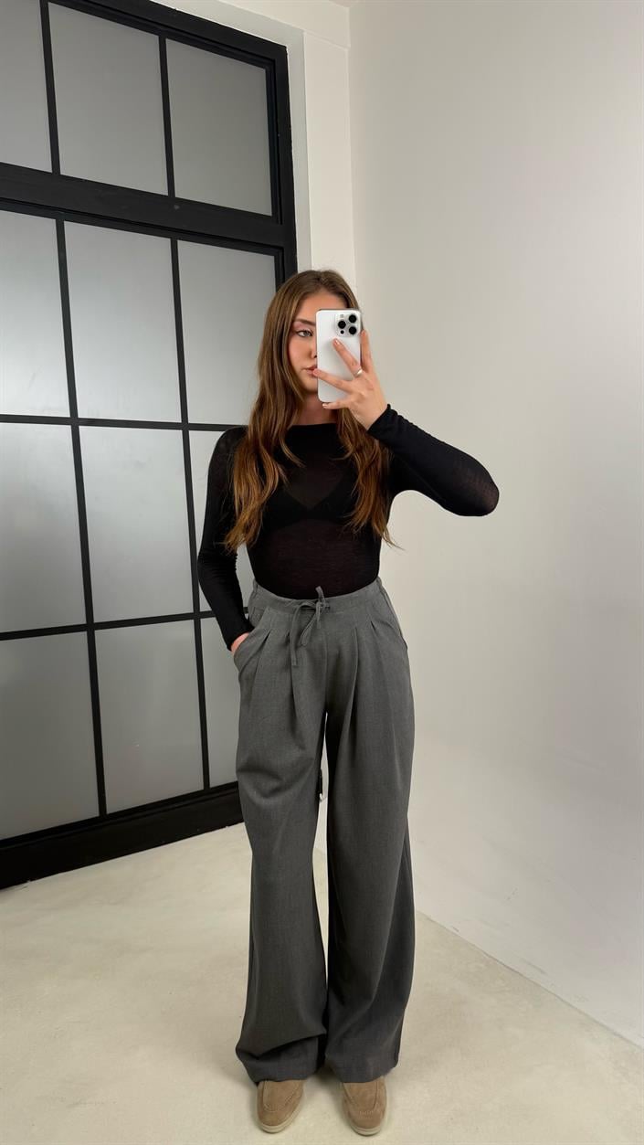 Antrasit Beli Lastikli Pile Detaylı Kumaş Pantolon GAUS-00538