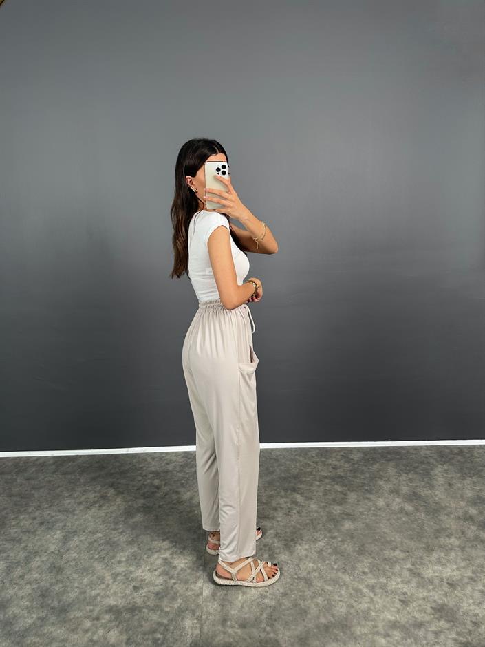 Pilea Beli Lastikli Önden Cepli Rahat Kumaş Taş Şalvar Pantolon