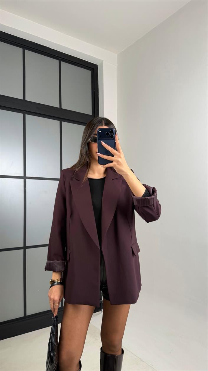 Mürdüm Astarlı Vatkalı Cep Detaylı Blazer Ceket GAUS-00850