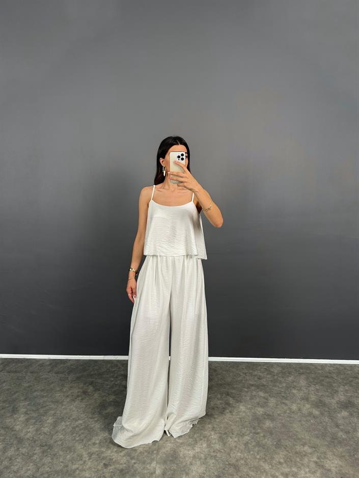 Blon Beyaz İp Askılı  Crop Bluz Bol Paça Pantolon Zr Model İkili Takım
