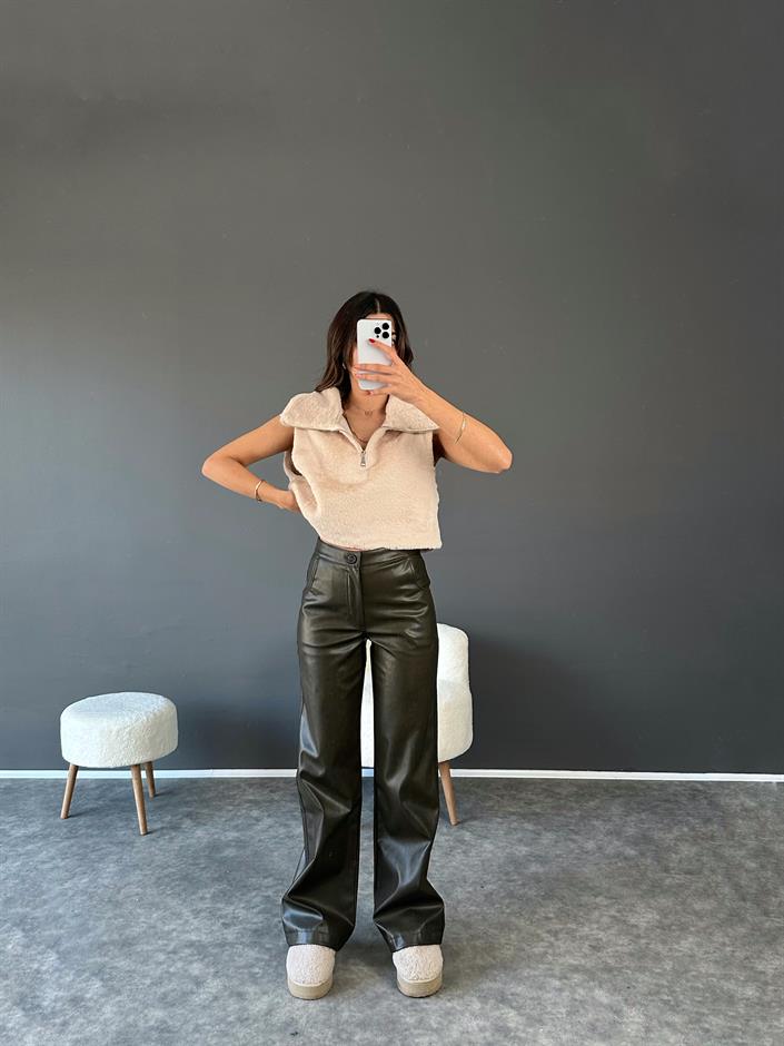 Nori Yeşil Eskitme Deri Pantolon