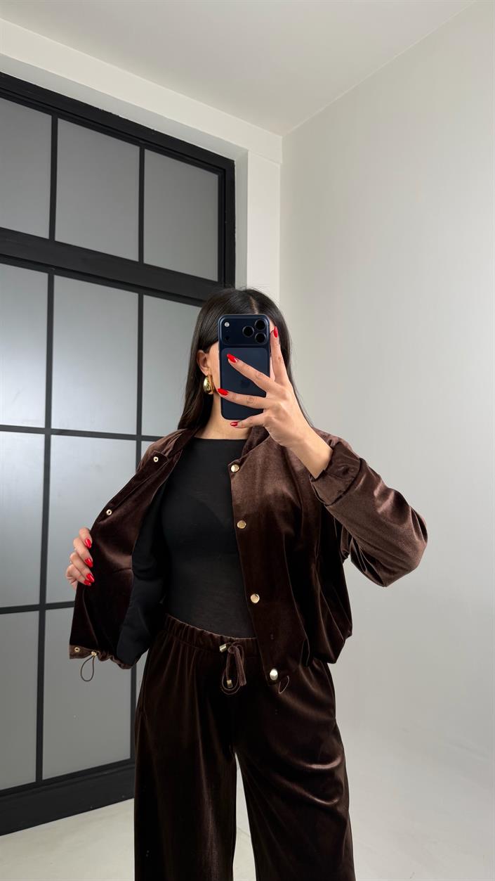 Kahve Çıtçıt Düğmeli Astarlı Ceket Beli Lastikli Pantolon Kadife Takım GAUS-00921