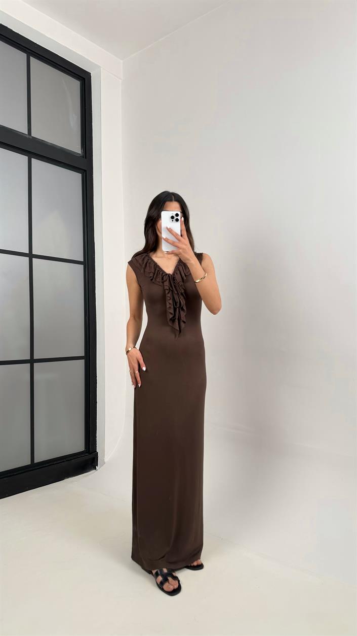 Kahve Önü Bağlamalı Yaka Fırfır Detaylı Elbise Gaus00347