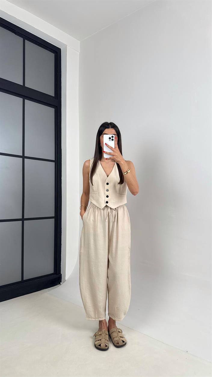 Taş Astarlı Yelek Balon Pantolon Çilek Kumaş Takım Gaus00501